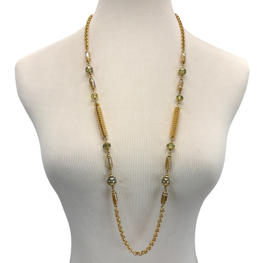 Vintage Monet Glazed Glass Crystal Gold Tone Long Necklace.